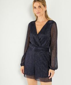 Combishort plissée brillant - Bleu marine
