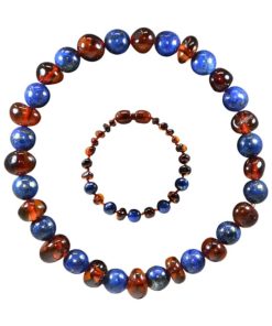 Box bracelet bébé et bracelet adulte en pierres naturelles- Ambre Cognac / Lapis Lazuli - Marron