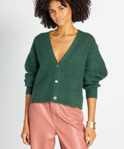 Gilet maille grosse jauge et boutons fantaisie - Vert