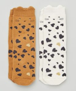 Lot de 2 paires de chaussettes 'coeurs' et 'chat' - Marron/blanc