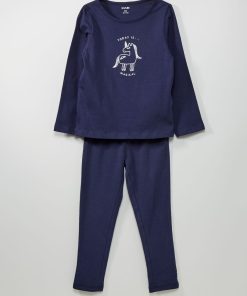 Pyjama long imprimé en coton 2 pièces - Bleu marine