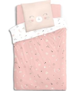 Housse de couette enfant 140x200 Chat + taie 100% coton bio 57 fils - Rose