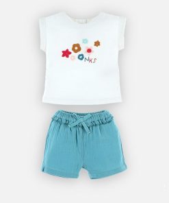 Set t-shirt + short en coton BIO, écru/aqua - Blanc
