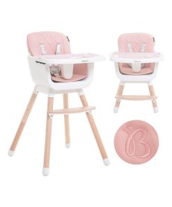 Chaise Haute bébé - Évolutive - Réglable - en Bois - 2 en 1 – 6 mois jusqu’à 5 ans- rose - Rose