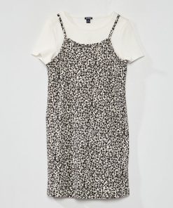T-shirt côtelé + Robe fleuri - 2 pièces - Noir/blanc