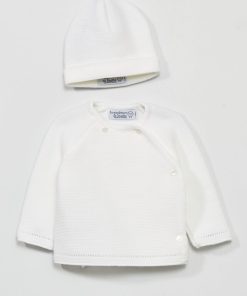 Ensemble brassière + bonnet 'Manufacture de Layette' - Fabriqué en France - blanc