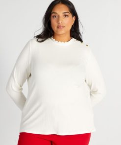 T-shirt en maille côtelée - Blanc crème