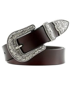 Women Leather Belts Ladies Vintage Western Design Black Waist Belt for Pants Jeans Dresses