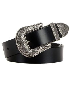 Women Leather Belts Ladies Vintage Western Design Black Waist Belt for Pants Jeans Dresses