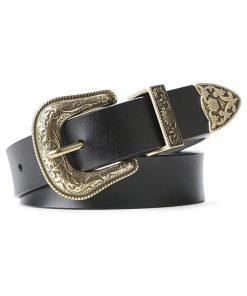Women Leather Belts Ladies Vintage Western Design Black Waist Belt for Pants Jeans Dresses