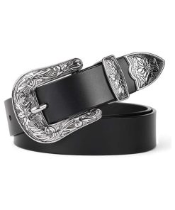 Women Leather Belts Ladies Vintage Western Design Black Waist Belt for Pants Jeans Dresses