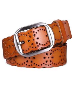 Women's Hollow Flower Leather Belt for Jeans Pants Wide Belt for Ladies