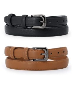 2 Pack Women Leather Belt Waist Skinny Dress Belts Solid Pin Buckle Belt for Jeans Pants