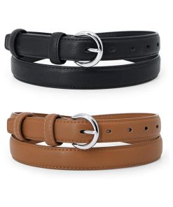 2 Pack Women Leather Belt Waist Skinny Dress Belts Solid Pin Buckle Belt for Jeans Pants
