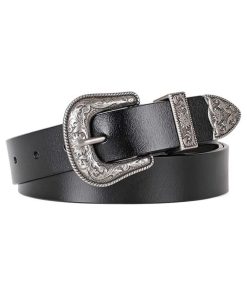 Women Leather Belts Ladies Vintage Western Design Black Waist Belt for Pants Jeans Dresses