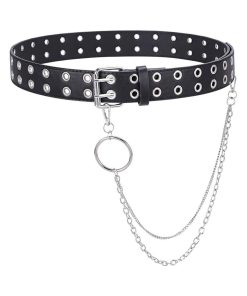 Double Grommet Belt for Women Men - WHIPPY PU Leather Double Prong Buckle Vintage Punk Rock Jeans Belts