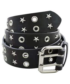Double Grommet Belt for Women Men - WHIPPY PU Leather Double Prong Buckle Vintage Punk Rock Jeans Belts
