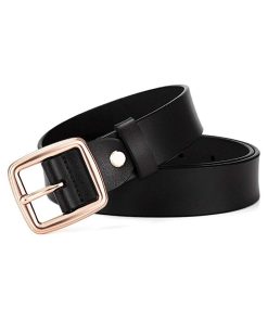 Womens Leather Belts for Jeans Pants Black Belts for Women Hollow Flower Design Gold Buckle