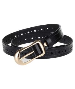 Womens Leather Belts for Jeans Pants Black Belts for Women Hollow Flower Design Gold Buckle