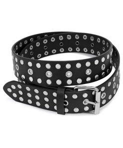 Double Grommet Belt for Women Men - WHIPPY PU Leather Double Prong Buckle Vintage Punk Rock Jeans Belts
