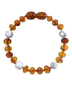 Bracelet bébé - Ambre et pierres naturelles - Ambre Cognac / Howlite - Blanc