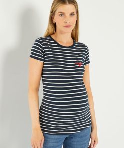 T-shirt grossesse rayé avec inscription - Marine rayé