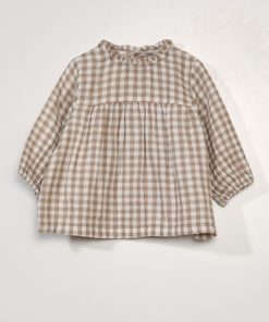 Blouse en gaze de coton avec imprimé 'vichy' - Beige