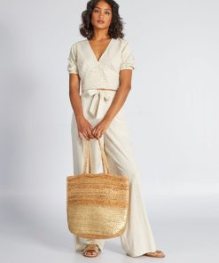 Blouse crop top en lin et décolleté plongeant - Beige