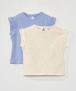 Lot de 2 tee-shirts avec fronces volantées - Violet/beige