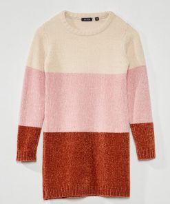 Robe pull en maille chenille colorblock - Rose