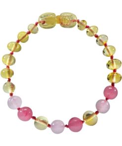 Bracelet bébé - Ambre et pierres naturelles - Ambre Lemon / Quartz rose / Calcédoine - Rose