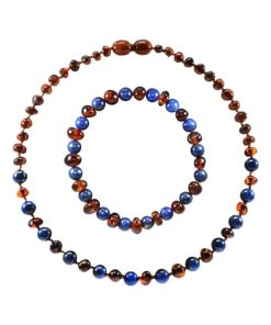 Box bracelet adulte et collier bébé - Ambre et pierres naturelles - Ambre Cognac / Lapis lazuli - Marron
