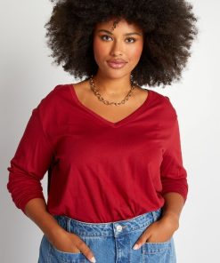 Tee-shirt basique manches longues et col V - Rouge