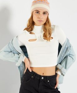T-shirt en maille côtelée avec ouverture fantaisie - blanc