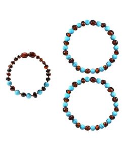 Box bracelet bébé et 2 bracelets Adulte - Ambre Cognac / Turquoise bleue - Marron