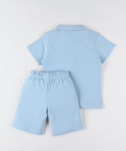 Pyjama 2 pièces avec col chemise en jersey gaufré, - Bleu