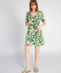Robe cache-coeur à manches courtes - Vert/beige