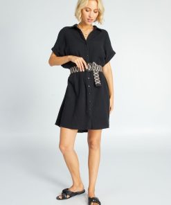 Robe chemise en double gaze de coton - noir