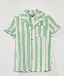 Chemise en lin à manches courtes - Vert/blanc