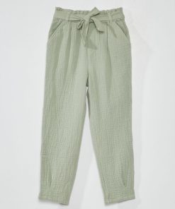 Pantalon paperbag en gaze de coton - Vert