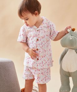 Pyjama 2 pièces fleuri en jersey, écru/rose - Beige