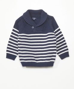 Pull rayé en col châle - rayé bleu