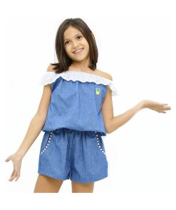 Combi-Short Été Bleu Fille Col Élastique Dentelle Blanche LOLITA - 'LA FAUTE A VOLTAIRE' - Bleu clair