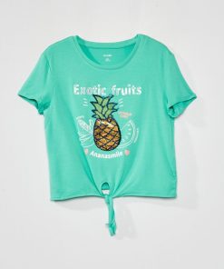 Tee-shirt noué avec imprimé sequins - Vert