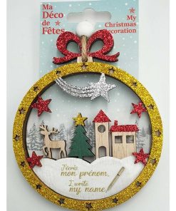 Décoration de Noël en bois personnalisable - Paillettes rouges - Multicolore