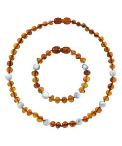 Box bracelet et collier bébé en pierres naturelles - Ambre Cognac / Howlite - Marron