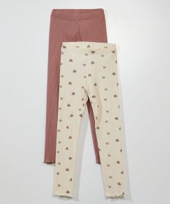 Lot de 2 leggings côtelés - Blanc/rose
