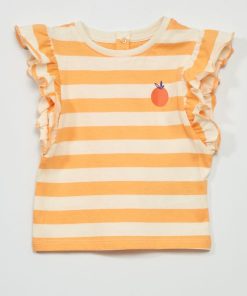 T-shirt à manches courtes avec volants - Blanc/orange