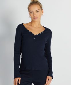 T-shirt pyjama en maille côtelée - Bleu