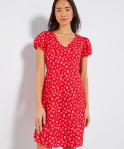 Robe à motifs avec manches ballons - Rouge